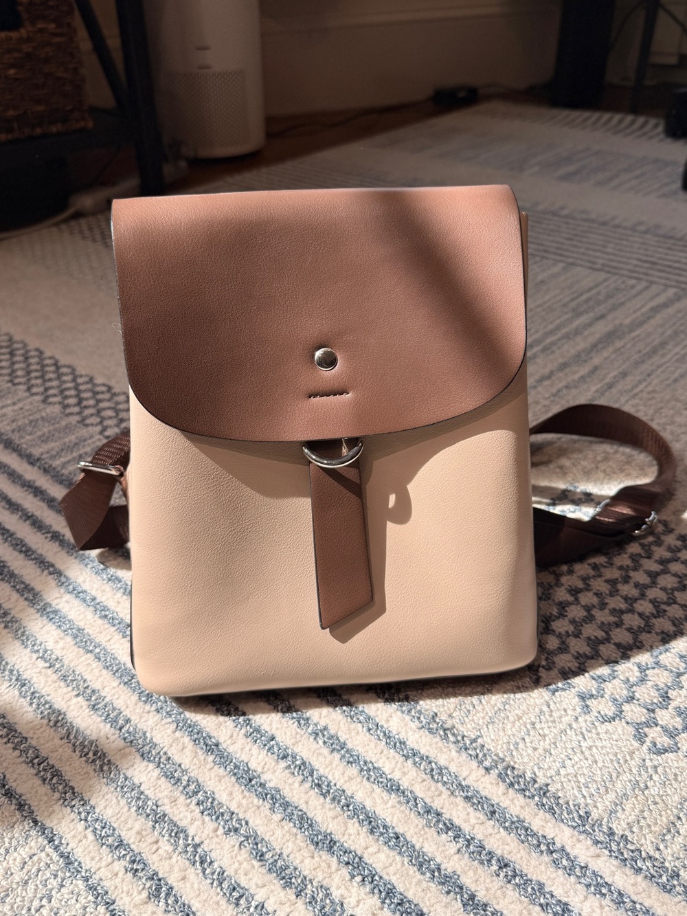Two-Tone Color Black Beige & Brown Mini vegan leather Backpack